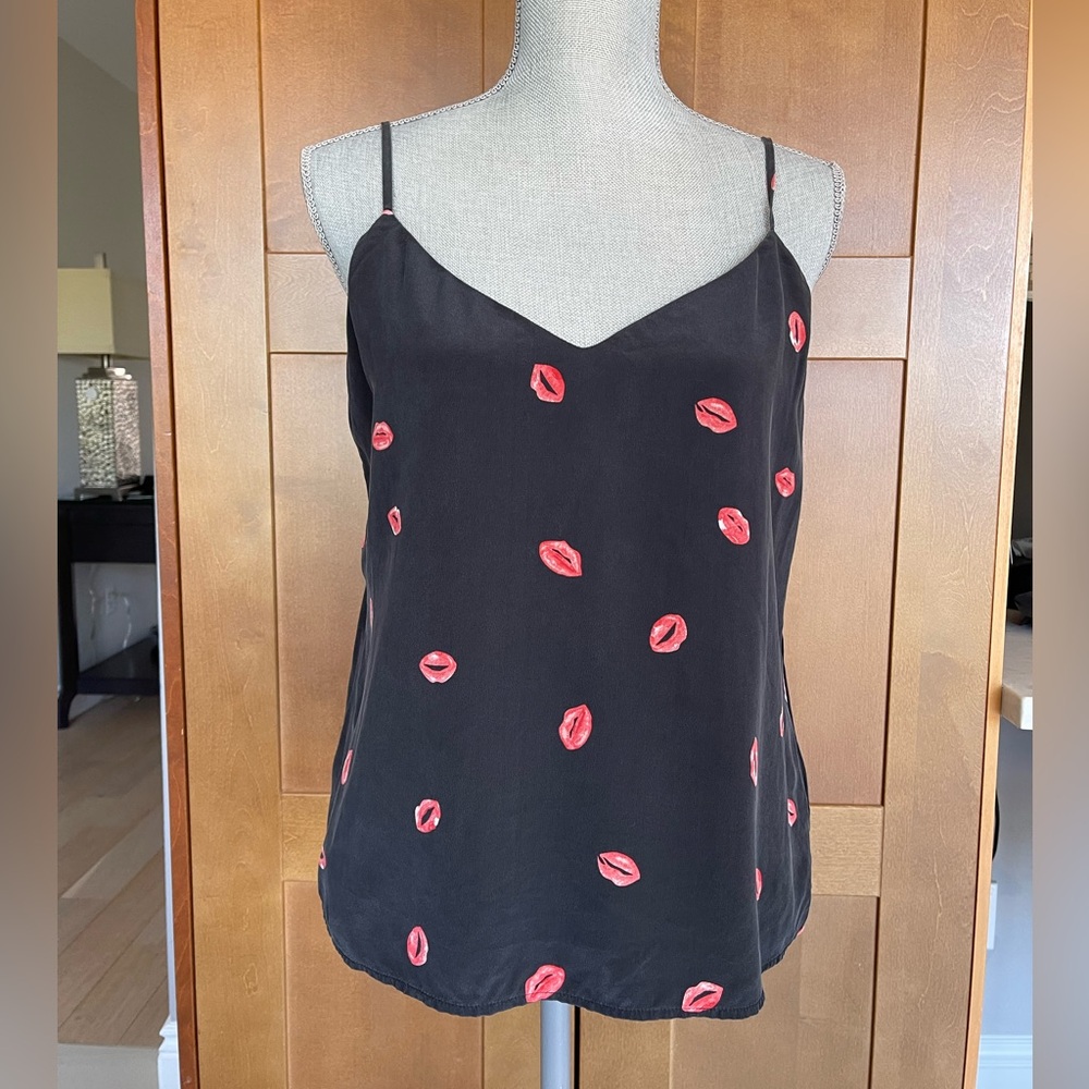 L'AGENCE Women's Black and Red Lip Print Silk Camisole/Tank Top, Size M
